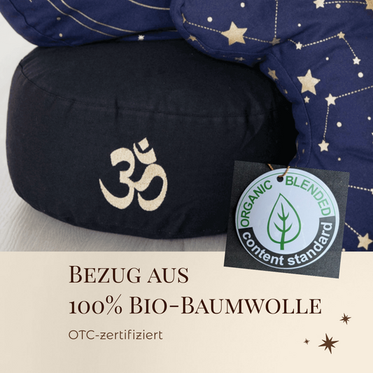 Meditationskissen schwarz mit OM-Symbol | Bezug aus 100% Bio-Baumwolle | Gefüllt mit natürlicher Buchweizenspreu