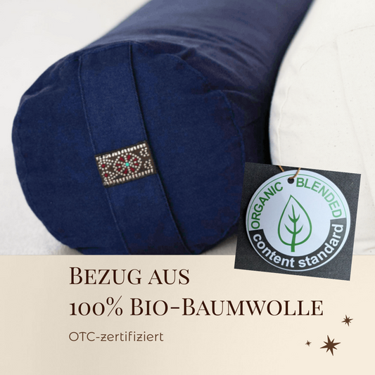 Yogabolster Dunkelblau aus 100% Bio-Baumwolle | Nachhaltiges Bolster | Yogakissen gefüllt mit natürlicher Buchweizenspreu | Waschen & nachfüllen | Mittlere Größe: 63 x 17 cm