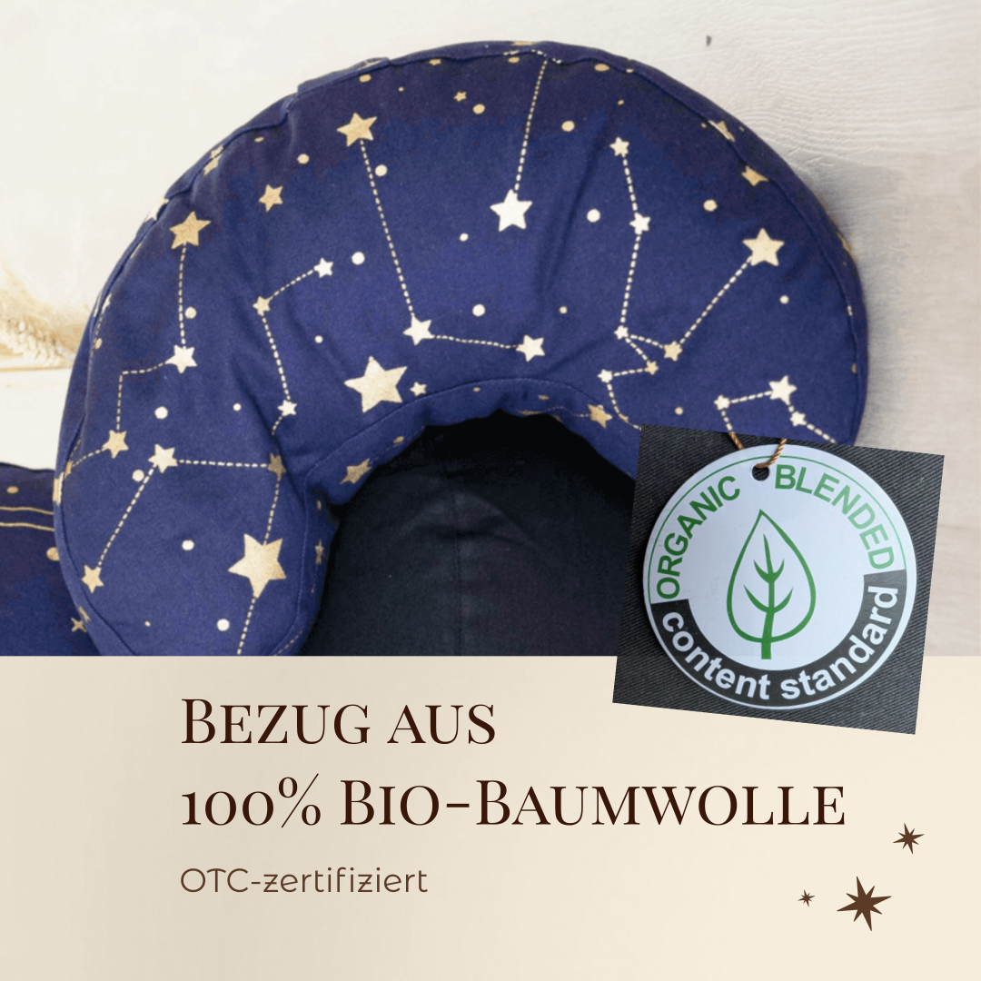 Halbmondkissen "Sternenhimmel" aus 100% Bio-Baumwolle | Gefüllt mit natürlicher Buchweizenspreu