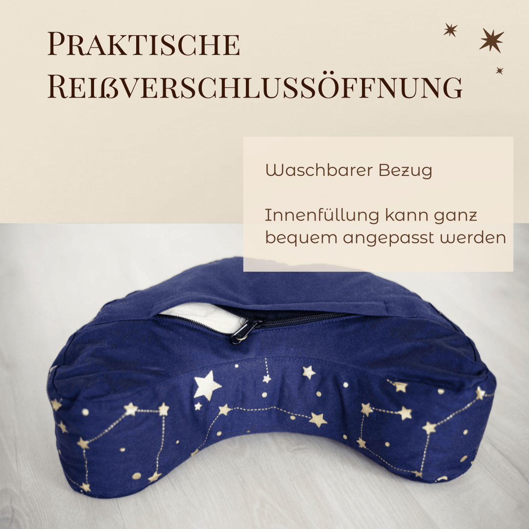 Halbmondkissen "Sternenhimmel" aus 100% Bio-Baumwolle | Gefüllt mit natürlicher Buchweizenspreu