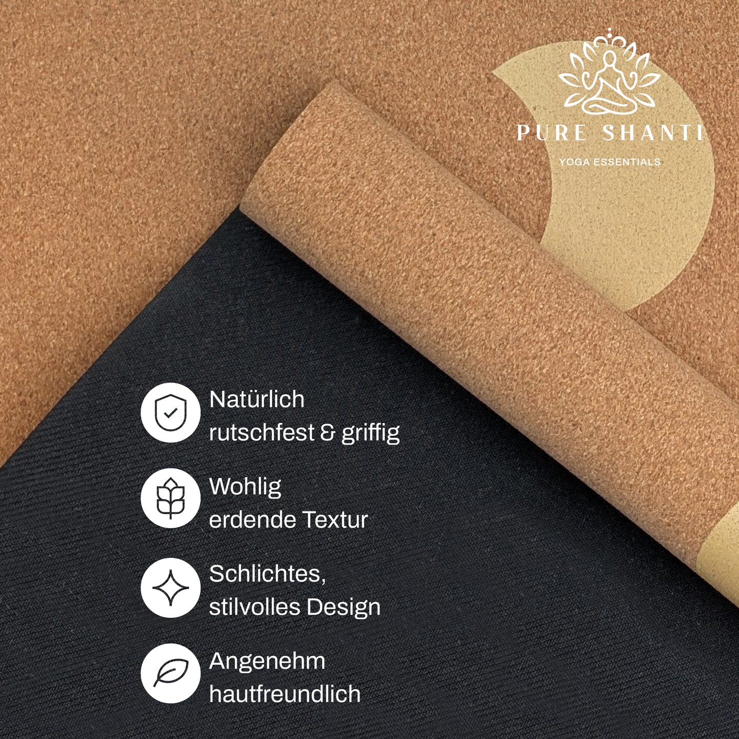Yogamatte aus Kork & Naturkautschuk | Natürlich rutschfest, angenehm hautfreundlich & geruchsneutral | Inkl. Tragegurt | 183 x 61 cm
