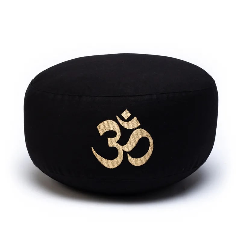 Meditationskissen schwarz mit OM-Symbol | Bezug aus 100% Bio-Baumwolle | Gefüllt mit natürlicher Buchweizenspreu