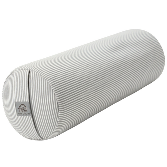 Yogabolster Grau-weiß gestreift | 100% lokale Handarbeit | Bezug aus Baumwolle | Natürliche Füllung aus Buchweizenspreu | Yogarolle | Mittelgroß: 63 x 17 cm
