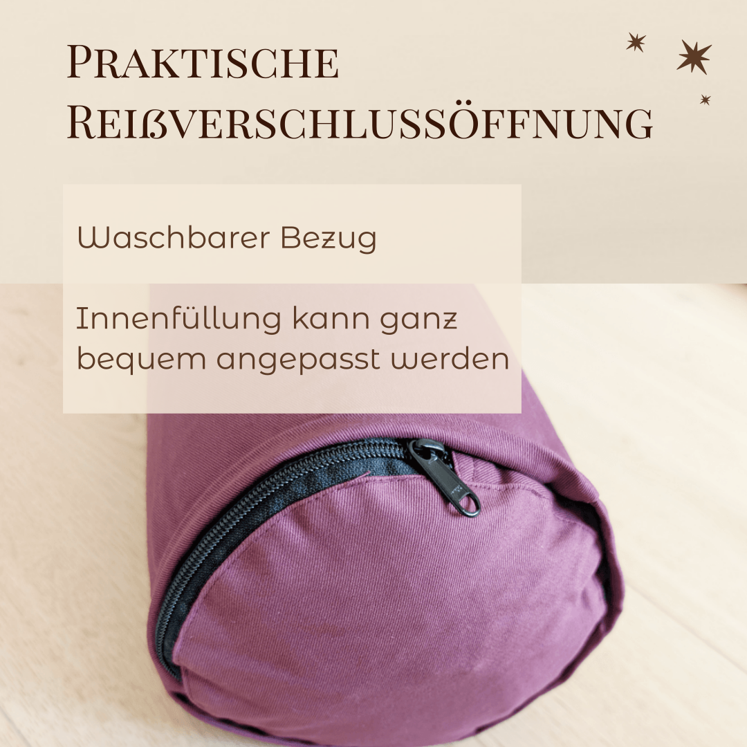 Yogabolster Aubergine | Bezug aus 100% Bio-Baumwolle | Natürliche Füllung aus Buchweizenspreu | Nachhaltiges Yogakissen | Mittelgroß: 63 x 17 cm