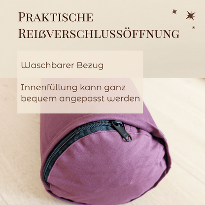 Yogabolster Aubergine | Bezug aus 100% Bio-Baumwolle | Natürliche Füllung aus Buchweizenspreu | Nachhaltiges Yogakissen | Mittelgroß: 63 x 17 cm